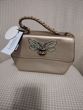 Pearl Bee Accent Metallic Gold Top-Handle Bag